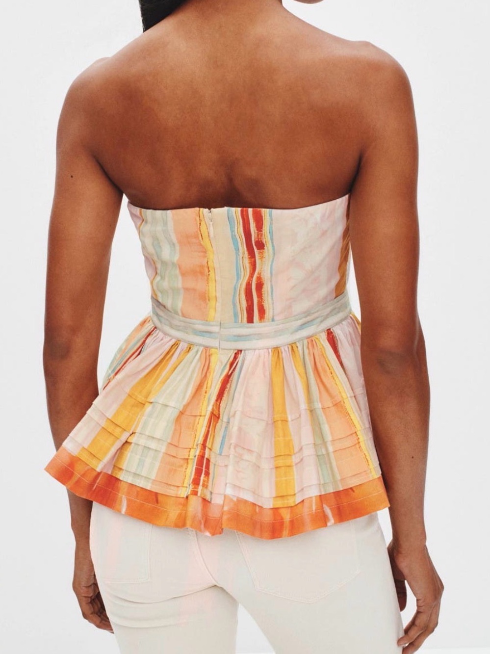 HUNTER BELL Strapless Peplum Top in Yellow, Orange, Blue and Cream - Picture 2 of 2